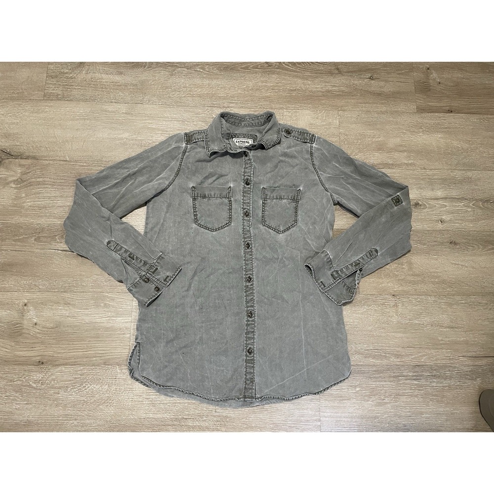 Express Shirt Womens Sz XS Button Up Boyfriend Gray Chambray Lyocell Denim